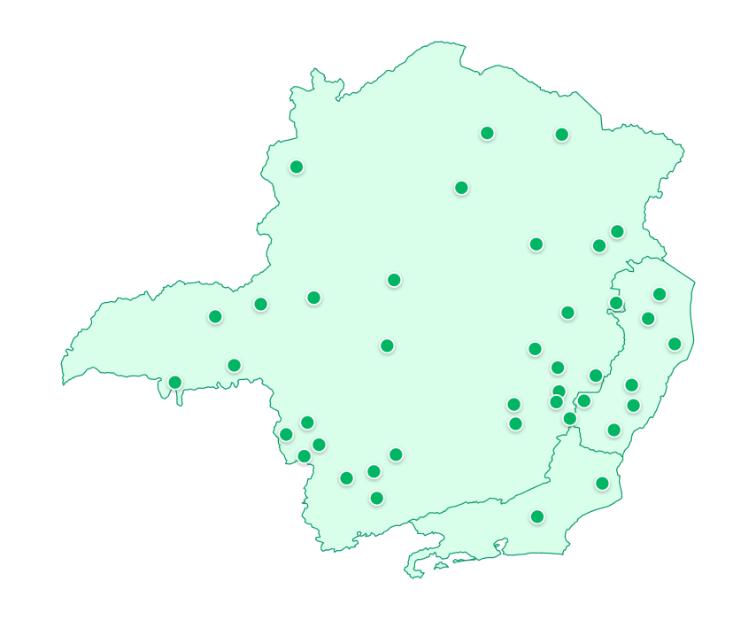 Mapa de Minas Gerais, Espírito Santo e Rio de Janeiro com os pontos de venda Agridrones