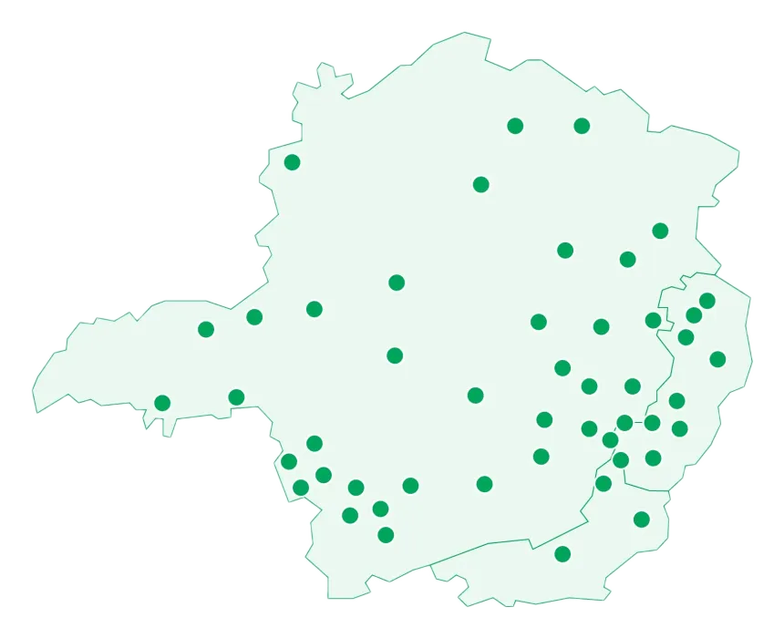 Mapa de Minas Gerais, Espírito Santo e Rio de Janeiro com os pontos de venda Agridrones
