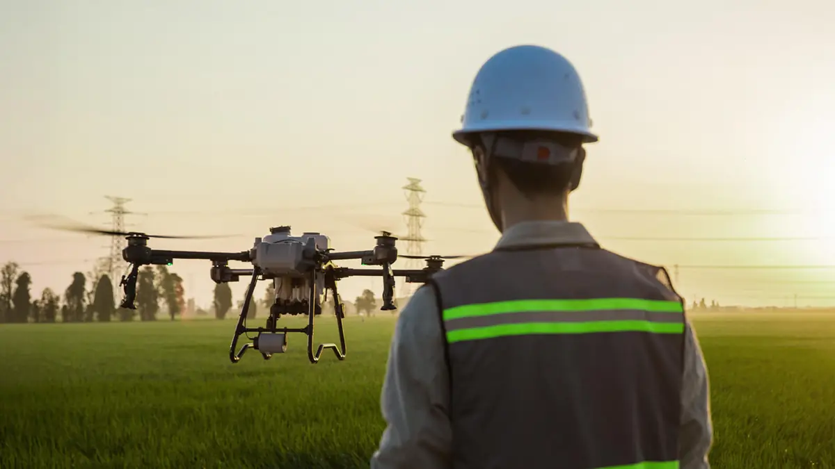 Operador acompanha drone agrícola DJI em voo sobre a lavoura ao entardecer